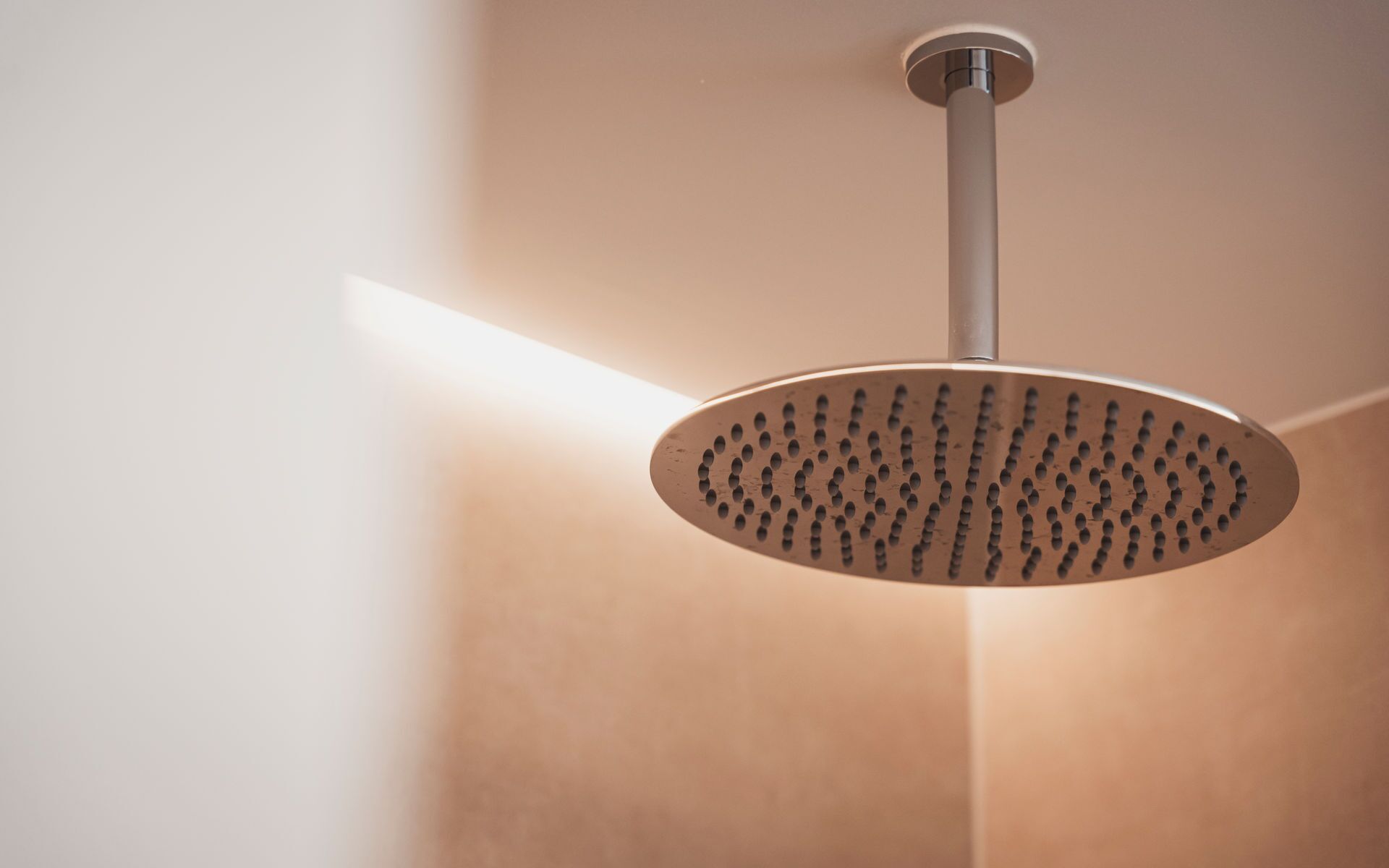 Un cabezal de ducha instalado en el techo, con un diseño circular y múltiples orificios.