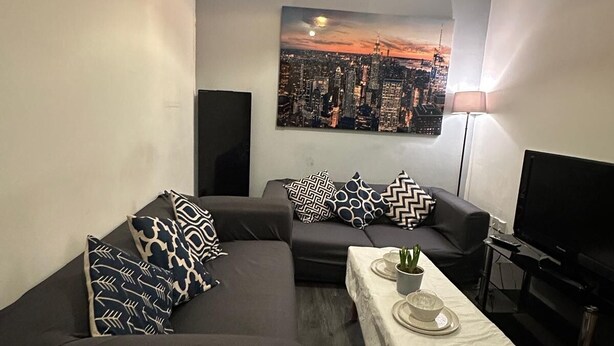 Ein gemütlicher Wohnraum mit einer Couch, einem kleinen Tisch mit einer Pflanze, einem Stadtbildgemälde und einem Fernseher.