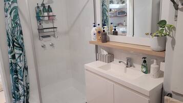 Shower, hair dryer, towels, soap