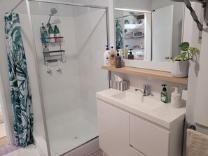 Shower, hair dryer, towels, soap