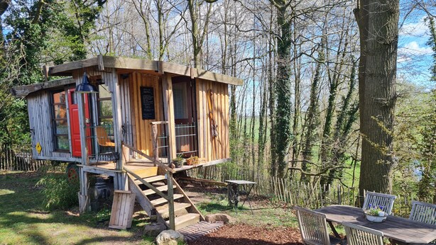 A wooden treehouse with a staircase, a table, and chairs in a forest setting.