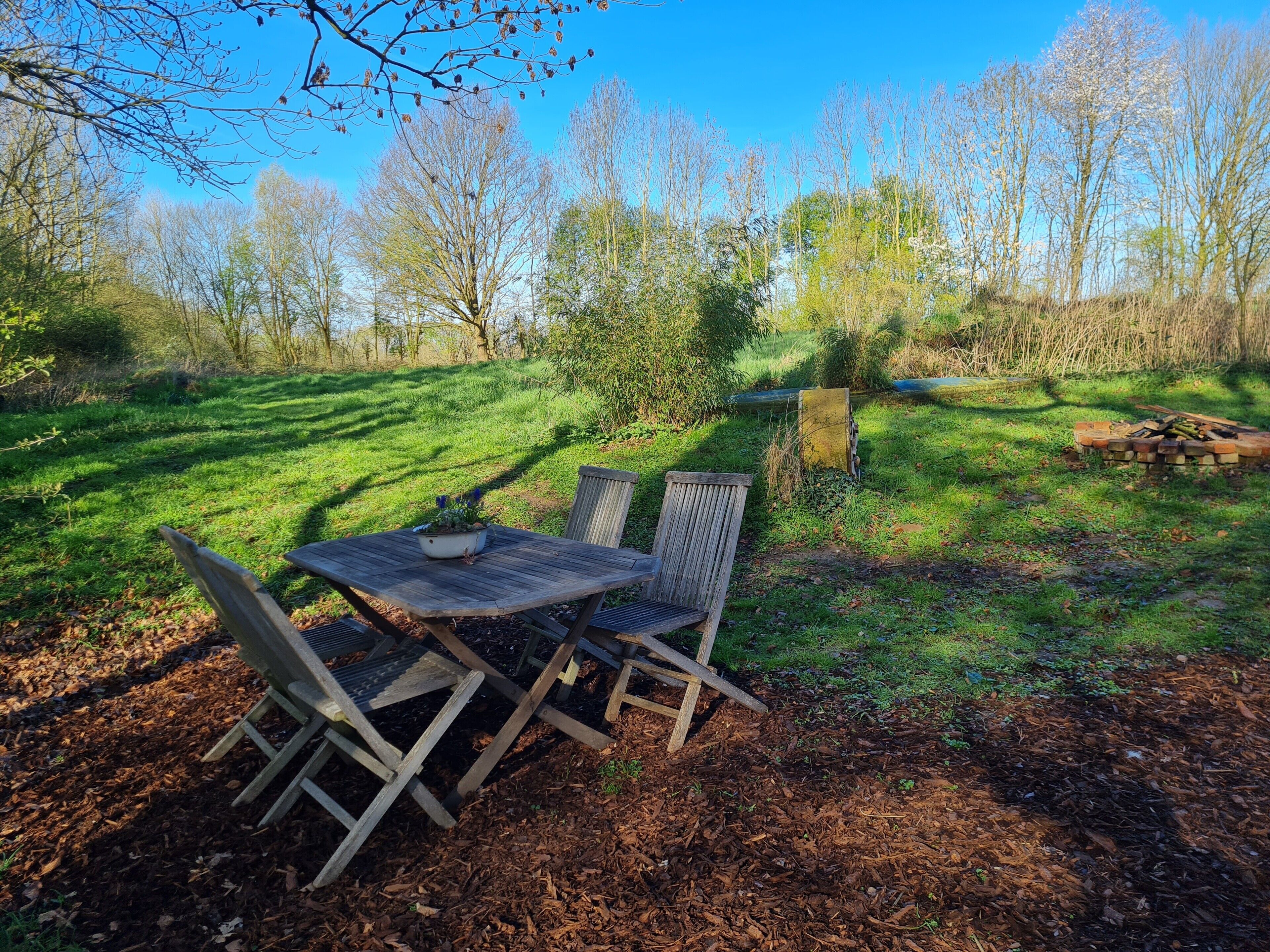 A wooden table and chairs in a garden with a clear sky.
