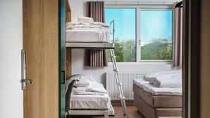 A room with a bunk bed, a single bed, a desk, and a window with a view of greenery. - Easy Stay Næstved (Næstved)
