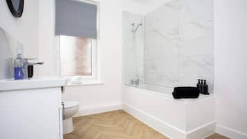 Shower, hair dryer, shampoo