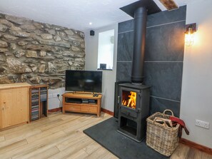 Uma sala de estar com parede de pedra, lareira, televisão e um armário de madeira.