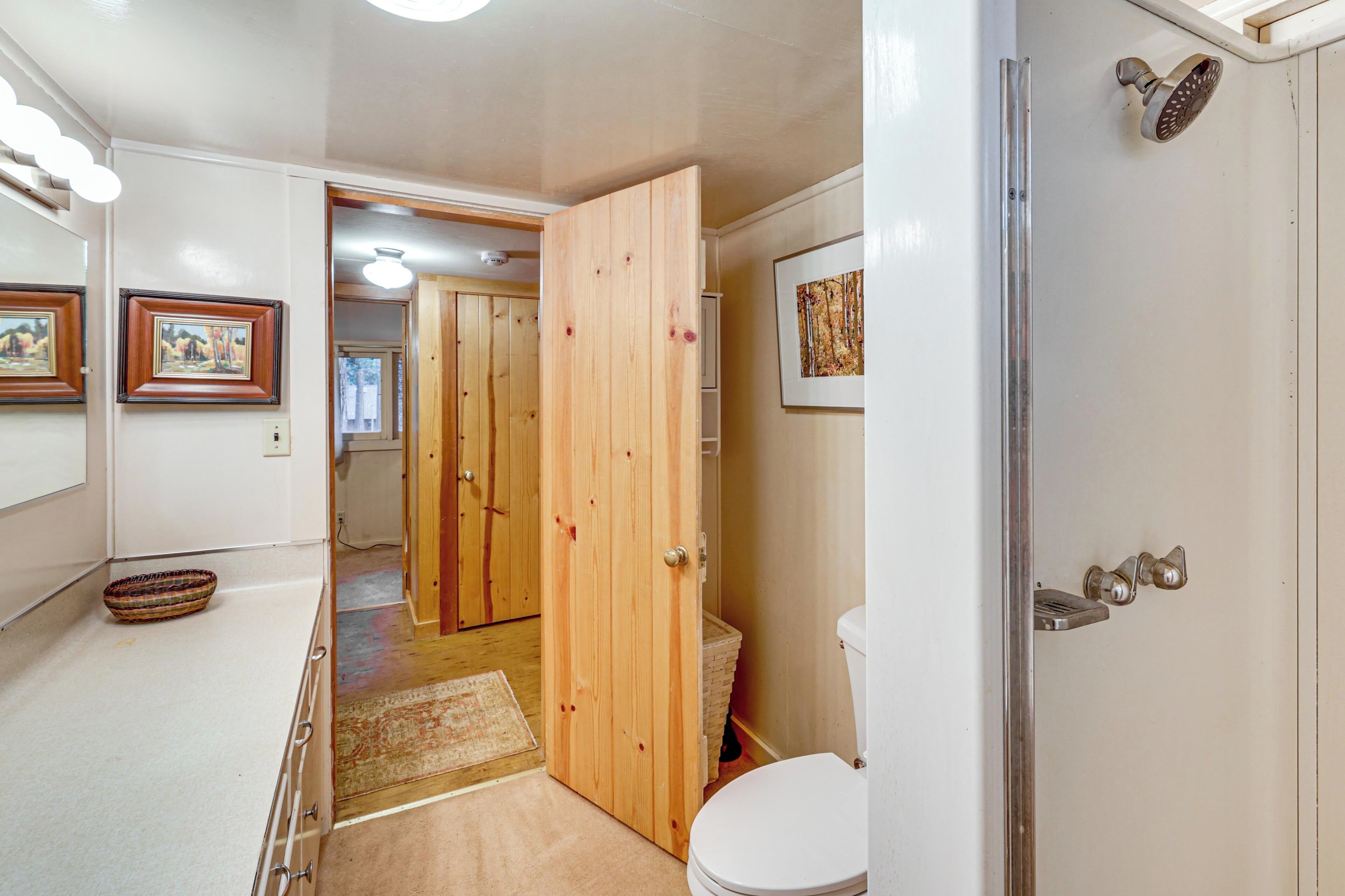 Une salle de bain avec des toilettes, une douche et une porte en bois.