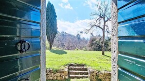 On aperçoit, à travers une porte en bois, un espace verdoyant avec un mur de pierres et un arbre.