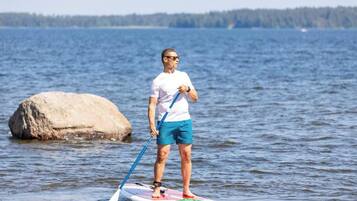 A person standing on a paddleboard in a body of water with a large rock nearby.