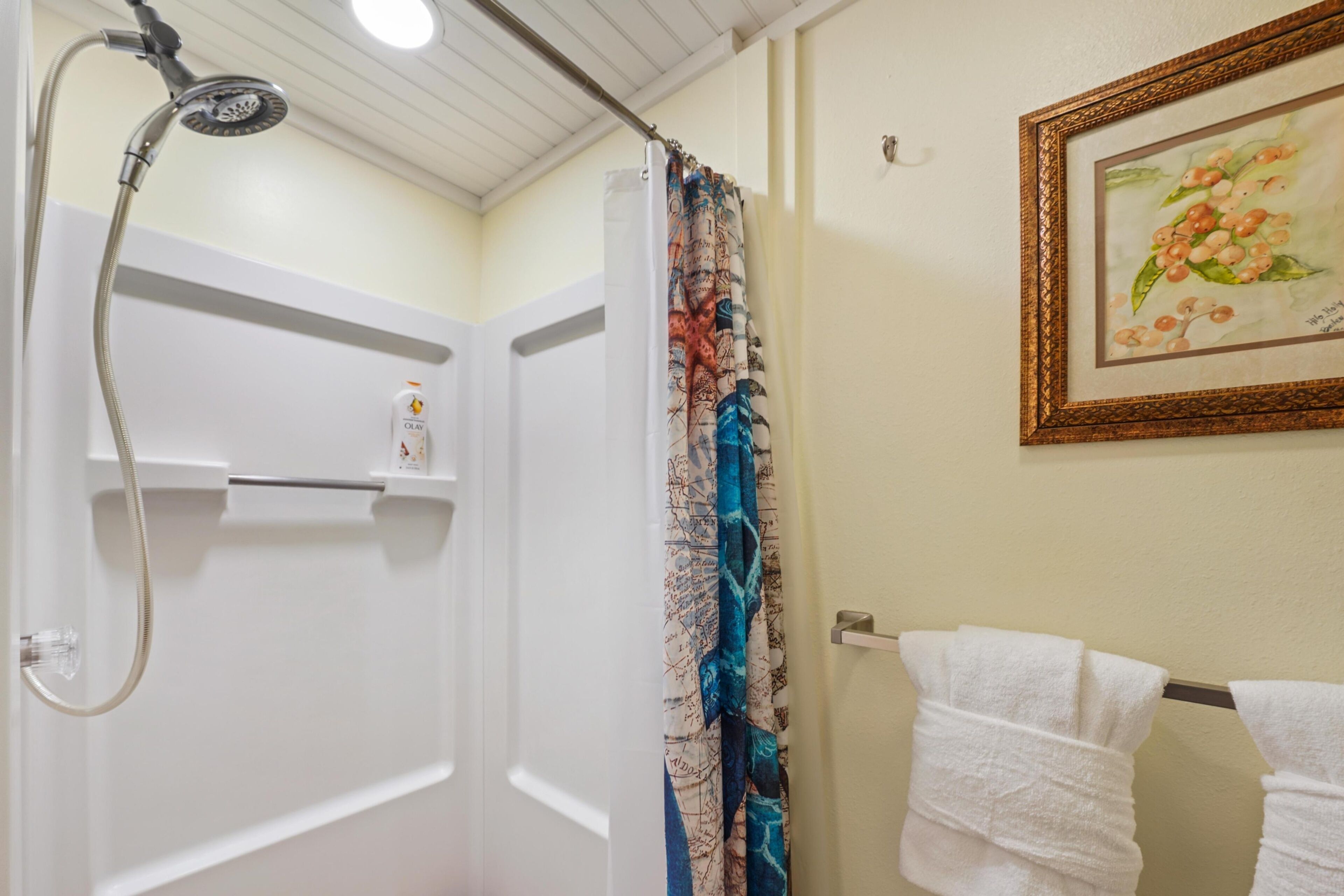 A bathroom with a shower, a towel rack with towels, and a framed picture on the wall.