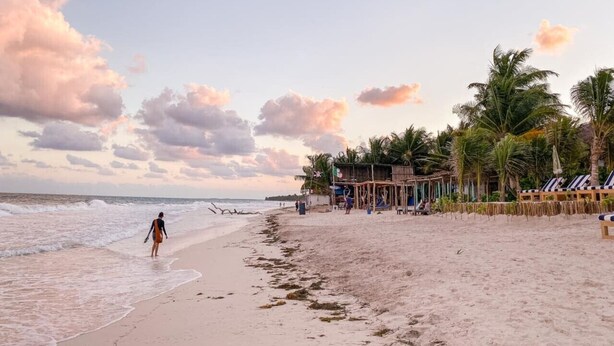 A beach with a person walking, palm trees, and a beachside structure with seating. - Tulum Paradise | 4BR Home with Private Pool (Tulum)