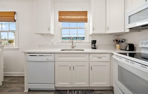 A kitchen with white cabinets, a dishwasher, a sink, a stove, and a window with blinds.