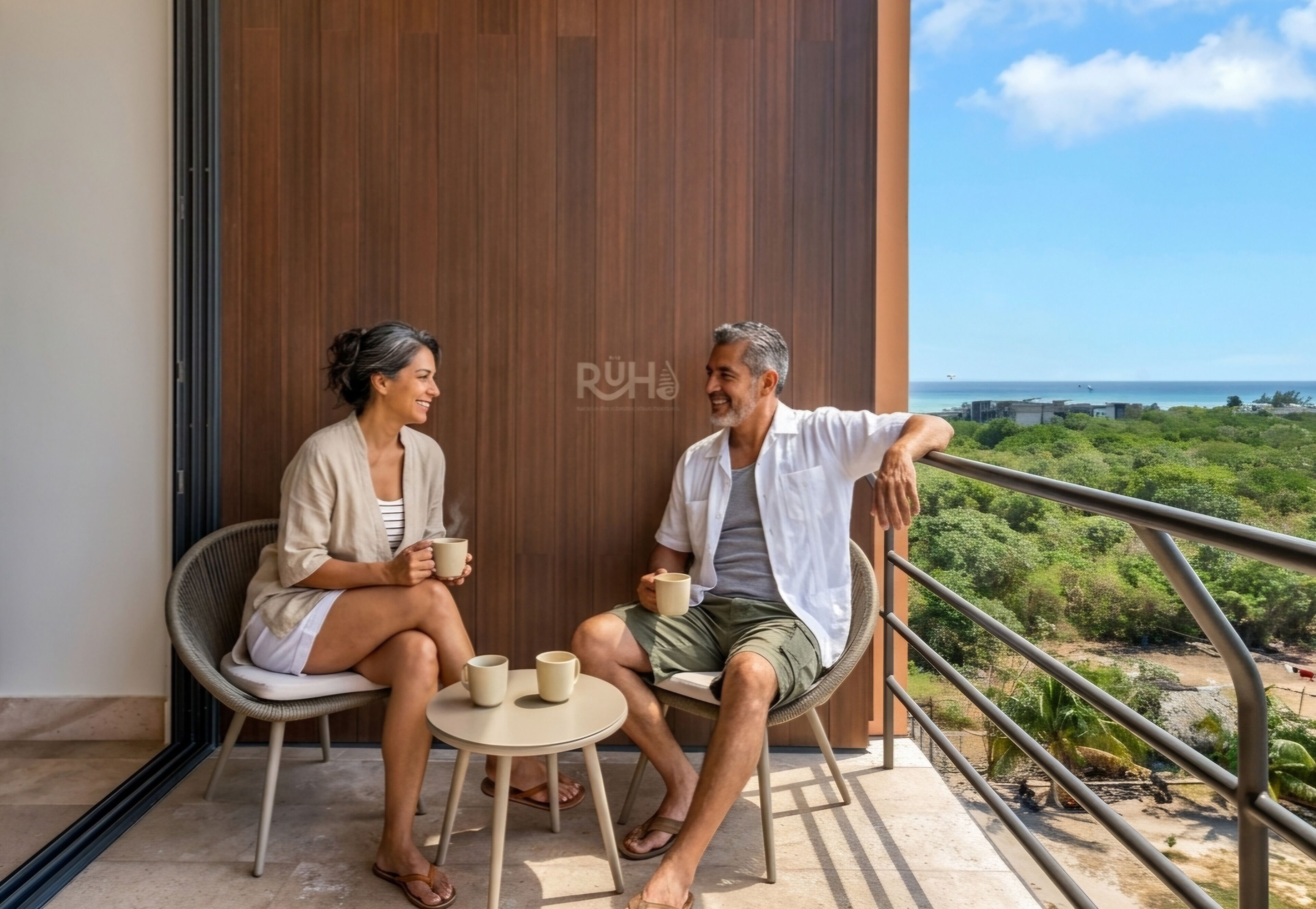 Zwei Personen sitzen auf Stühlen auf einem Balkon mit Blick auf das Meer und Grünflächen.