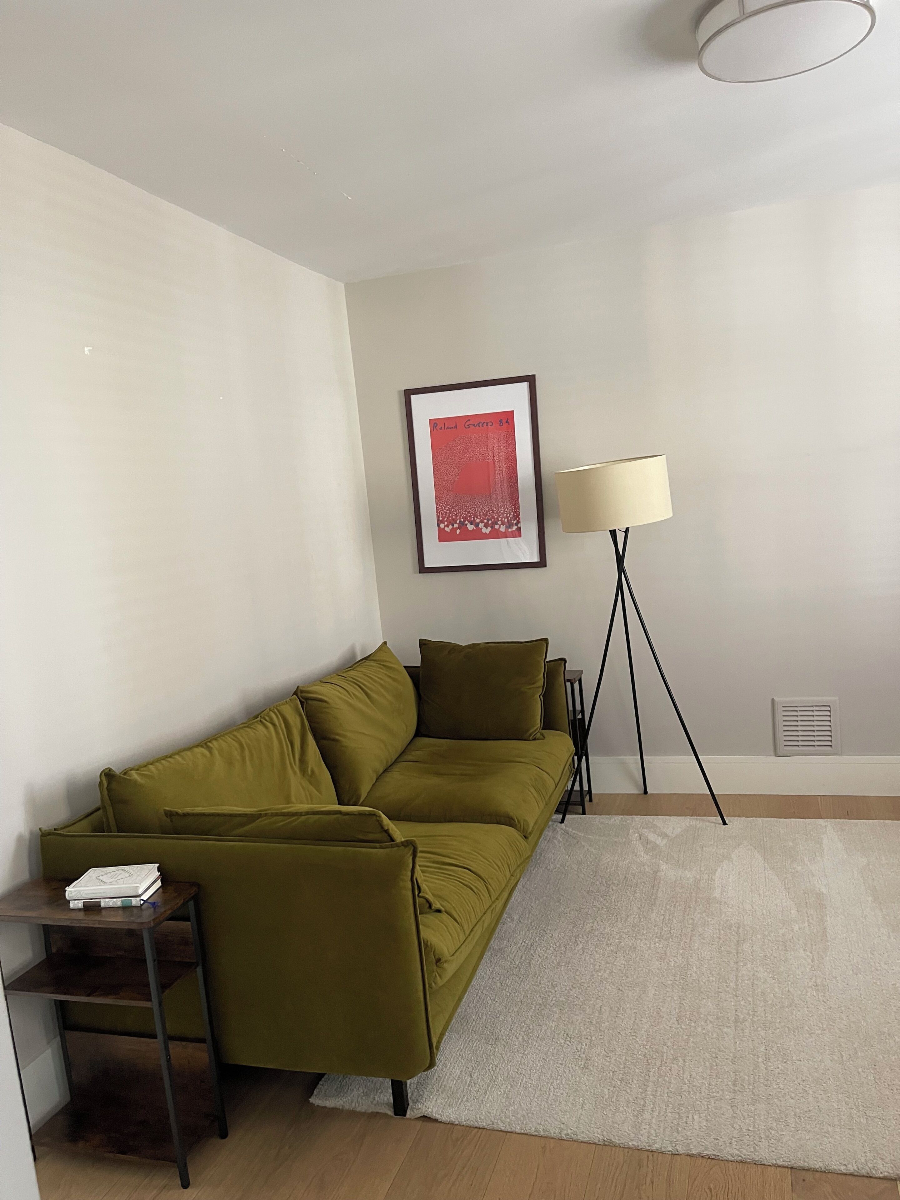 A room with a green sofa, a small table with a book, a floor lamp, and a framed picture on the wall.