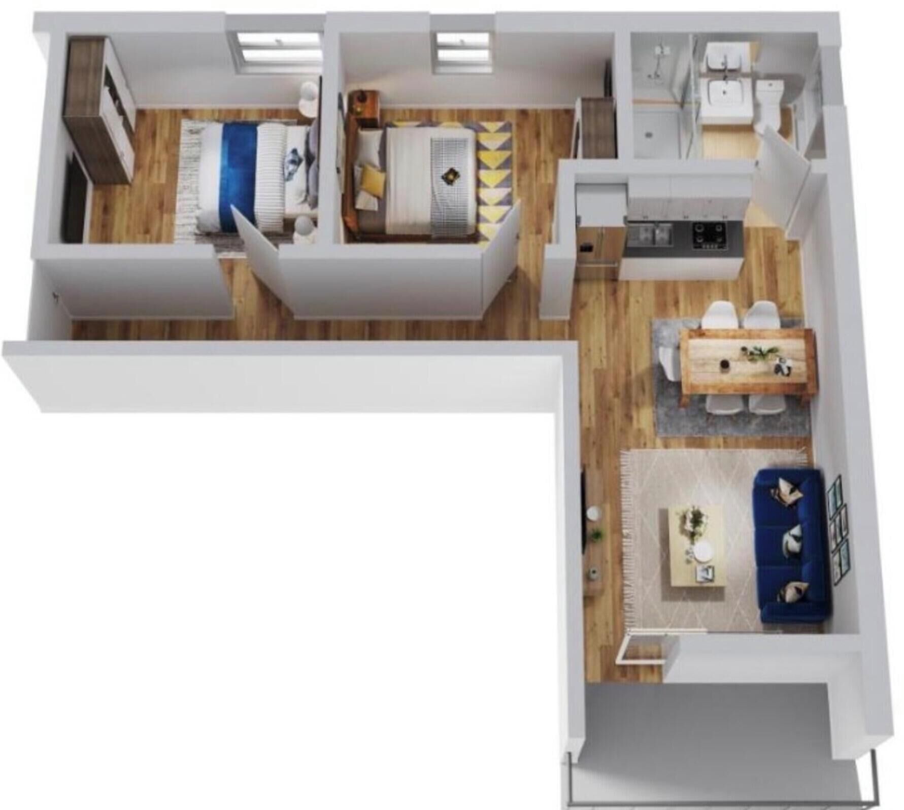 Plano de un cuarto de hotel con cama, escritorio, silla, sofá y una pequeña cocina.