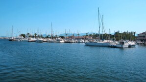 Uma marina com vários barcos atracados ao longo da orla.