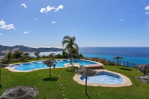 Un espace piscine comprenant deux piscines, un palmier et une vue sur la mer.