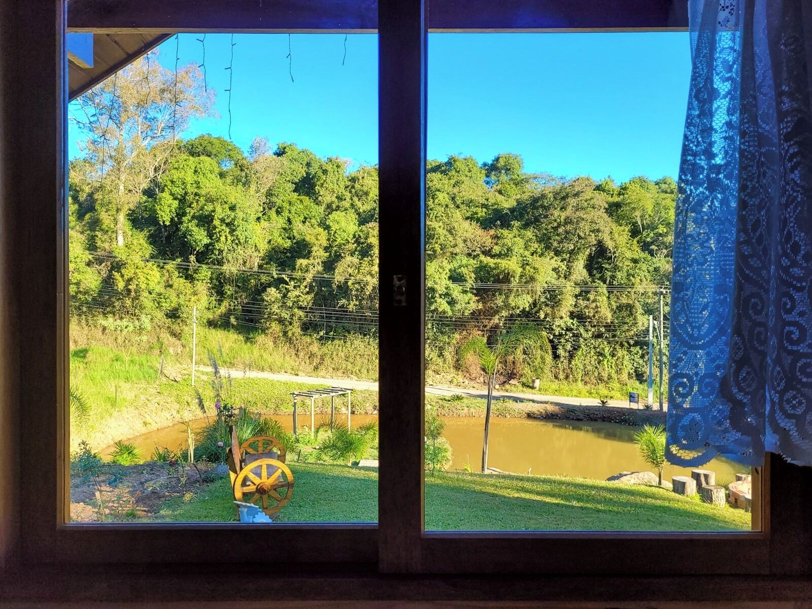A window with a view of a lush green landscape, a small pond, and a wooden structure.