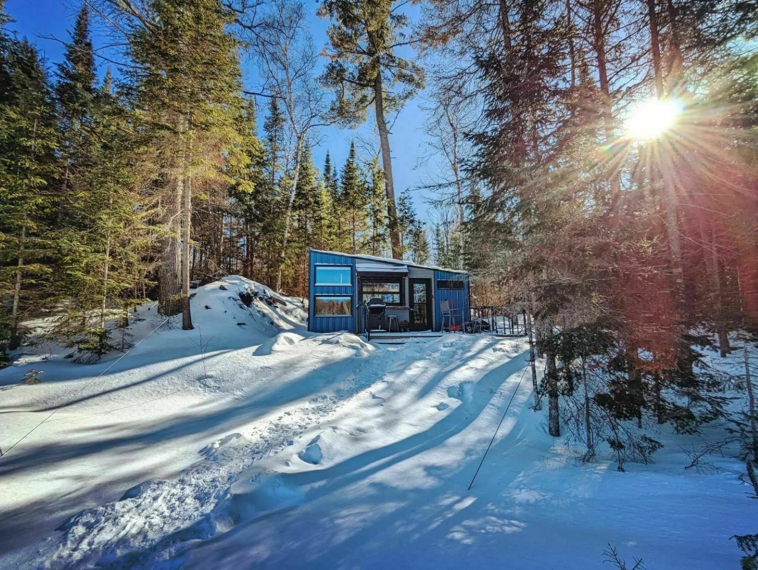 Une cabane au cœur d’une forêt enneigée, avec un chemin dégagé qui y mène.