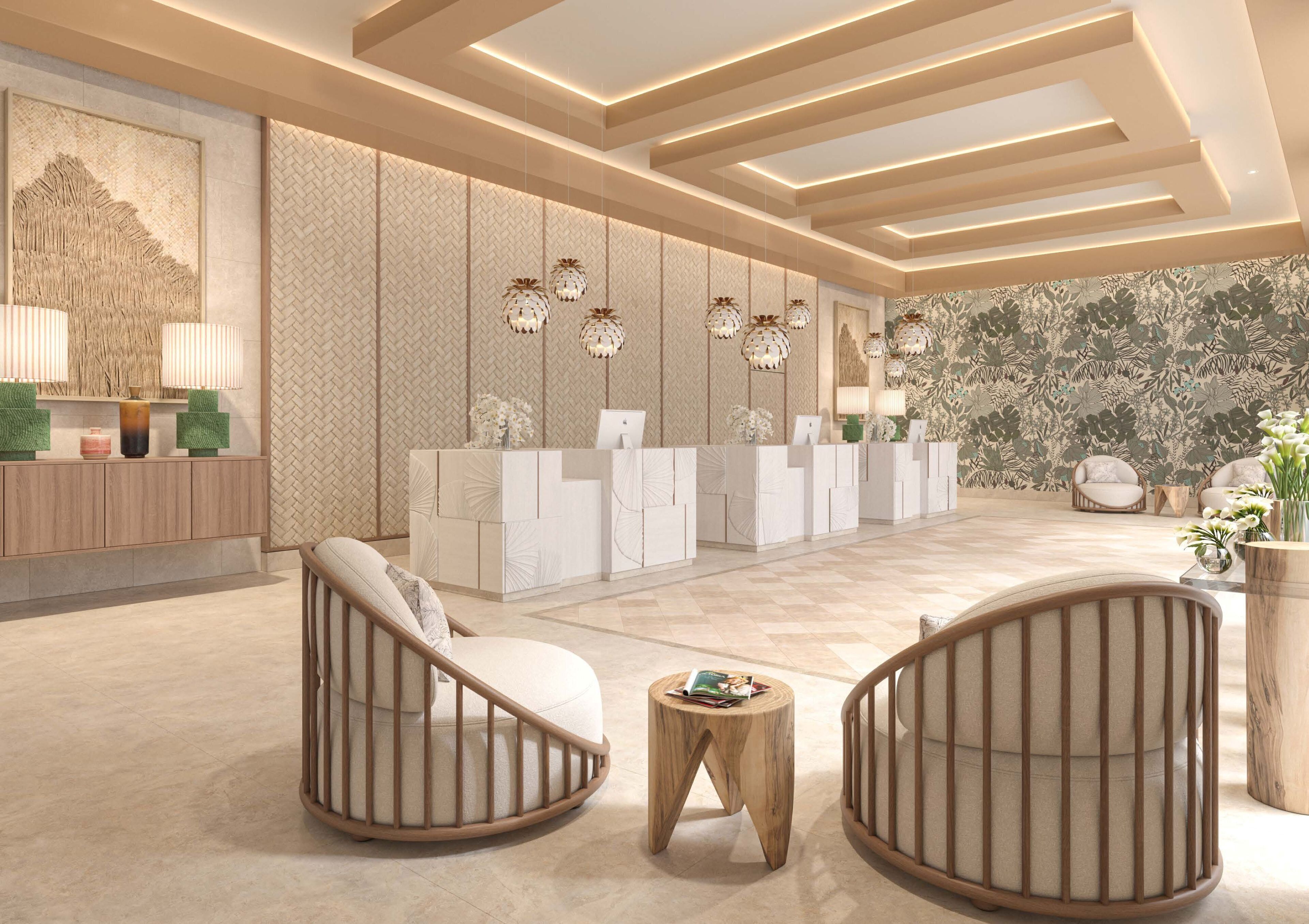 A modern reception area with a reception desk, two seating areas with chairs, a wooden coffee table, and a patterned wall.