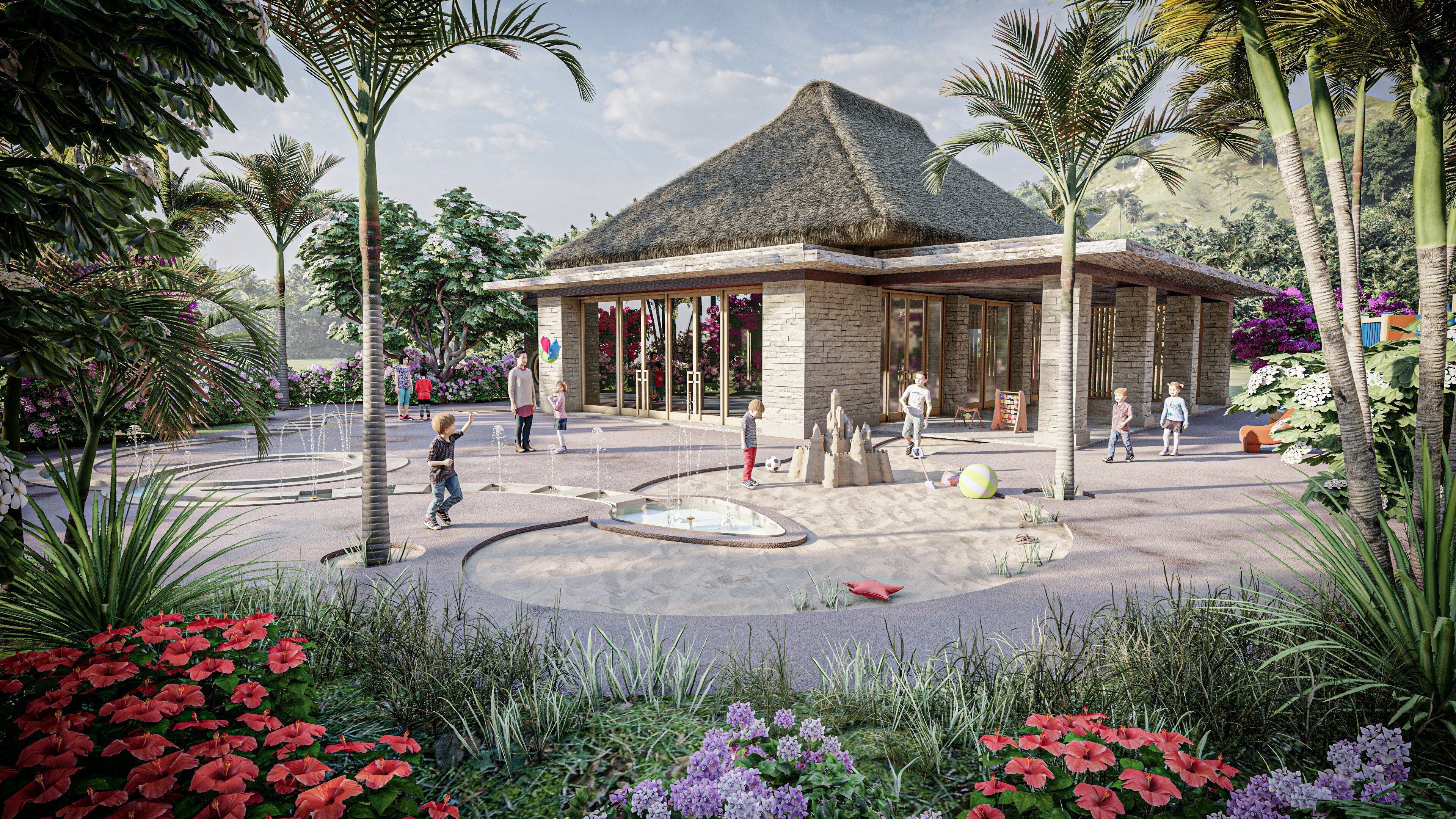 A building with a thatched roof, surrounded by palm trees and flowers.