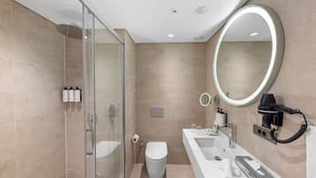 Shower, rainfall showerhead, eco-friendly toiletries, hair dryer