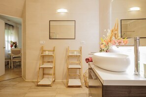 Shower, hair dryer, towels