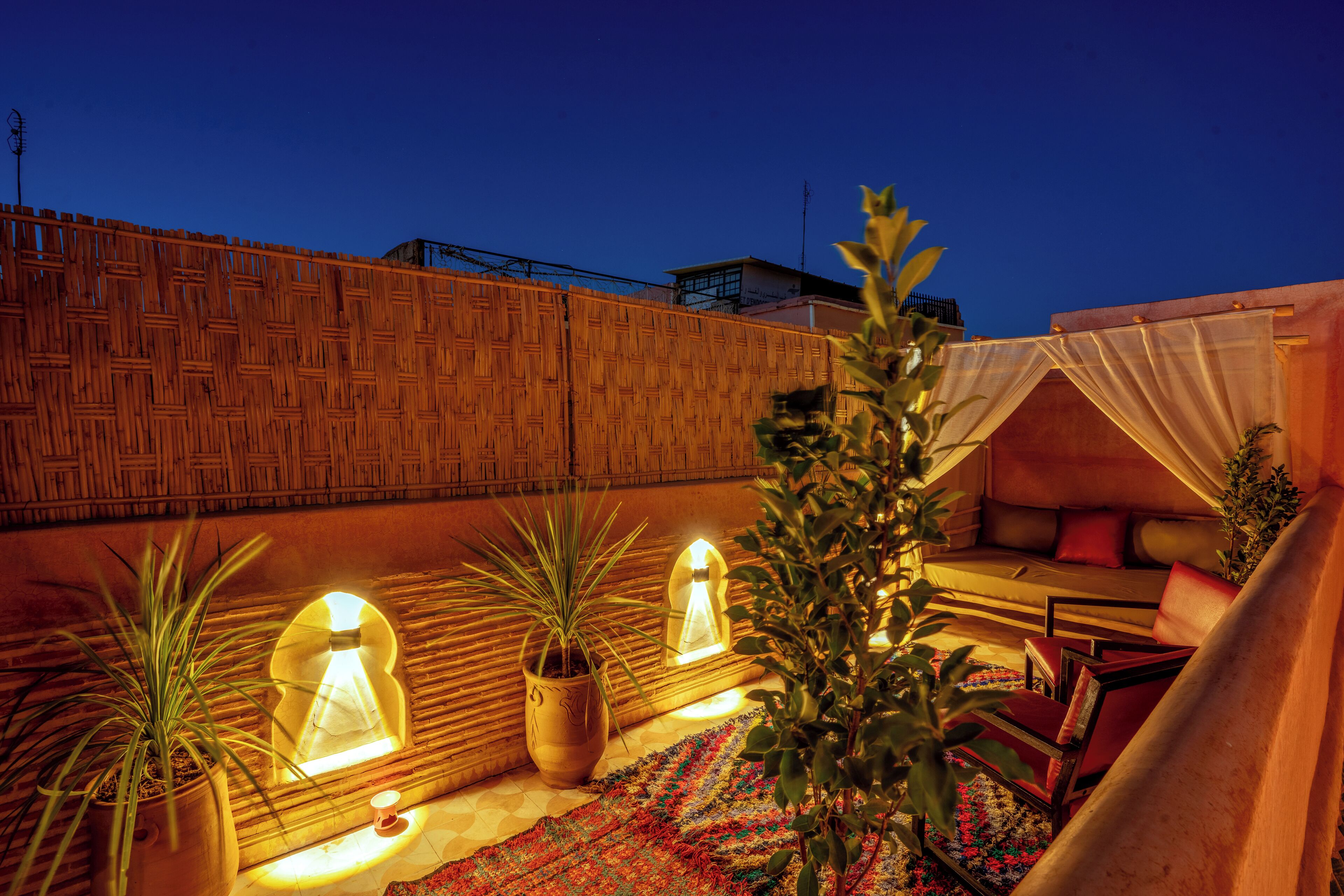 A rooftop terrace with a wooden wall, potted plants, a seating area with cushions, and a decorative lamp.