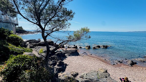 A coastal landscape with rocky terrain, a clear blue sea, and a tree in the foreground. - Mobile home in a magnificent estate with swimming pool in Saint-Raphaël. (Saint-Raphaël)