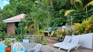Eine Terrassenanlage mit Pool, Liegestühlen und Topfpflanzen.