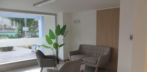 A modern room with a grey sofa, two armchairs, a large potted plant, and a window with a view of the outside.