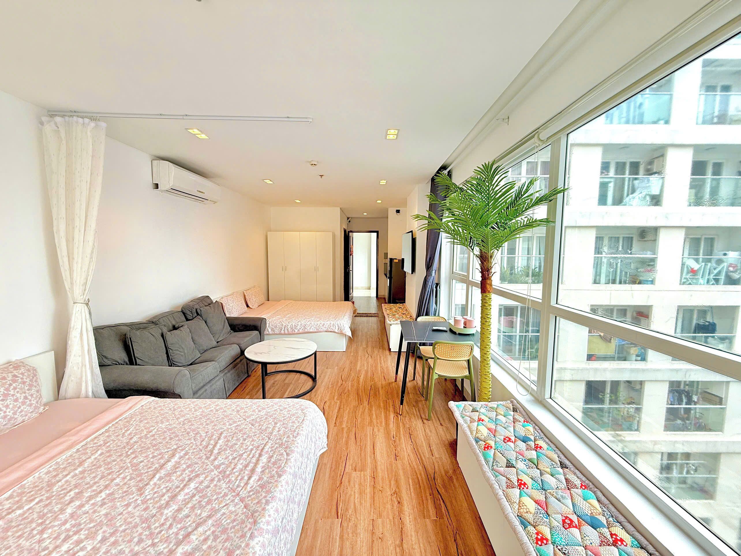 A modern hotel room with a large window, a sofa, a bed, a small table, and a potted plant.