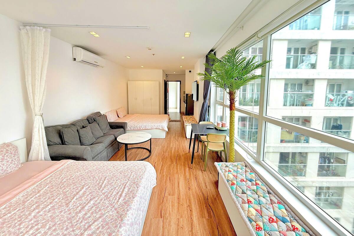 A modern hotel room with a large window, a sofa, a bed, a small table, and a potted plant.