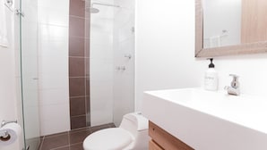 Un baño con ducha, inodoro, lavabo y espejo.