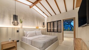 Ein modernes Schlafzimmer mit einem großen Bett, Nachttischen, einem Fernseher und einem Fenster mit Blick.