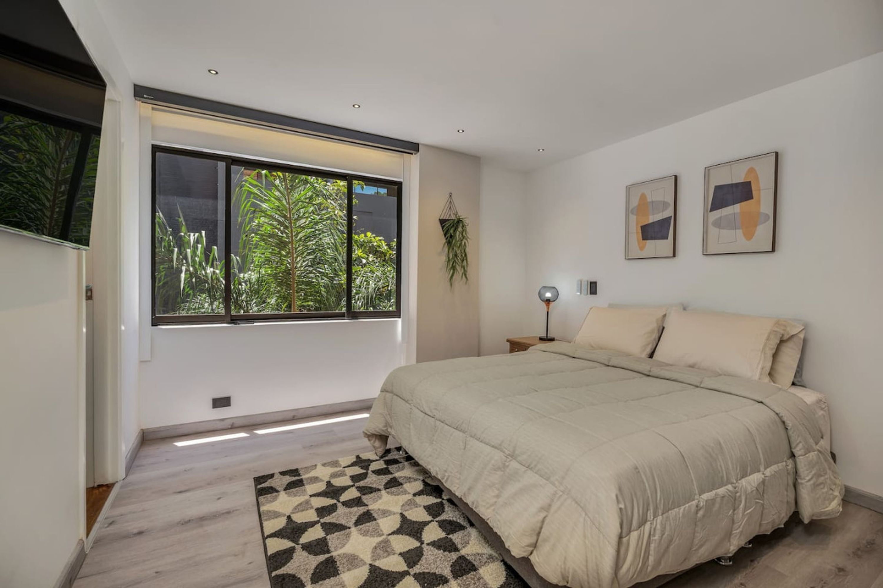 A bedroom with a large window, a bed, a bedside table, and a wall-mounted plant.