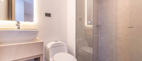 A modern bathroom with a sink, toilet, and glass-enclosed shower.