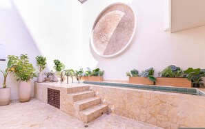 Una escala de pedra que condueix a una zona de piscina amb plantes en testos i un element decoratiu circular a la paret.