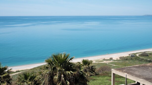 Vista sulla spiaggia con palme, cielo sereno e costa in lontananza.