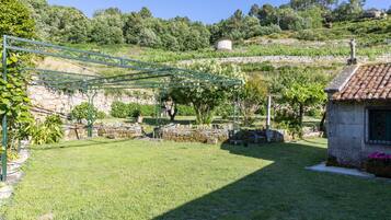 A garden with a stone wall, a pergola, and a small building with a tiled roof.