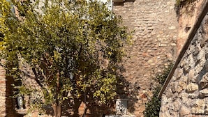 Mesa y bancos de madera en un patio al aire libre con pared de piedra y un árbol.