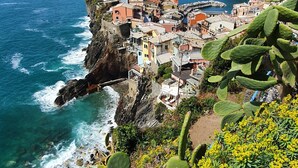 A coastal town with buildings on a cliff overlooking the sea, cacti, and yellow flowers. - "Ocean Blue" – A Gem with Unmatched Sea View, Wi-Fi & Air Conditioning (Sant'Andrea di Rovereto)