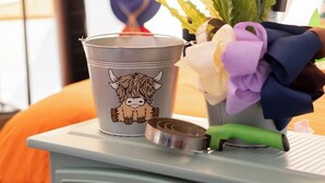 A table with a decorative mug, a green-handled tool, and a potted plant. - Cuddly cow yurt with fluffy cows, llamas, and sheep (Thomson)