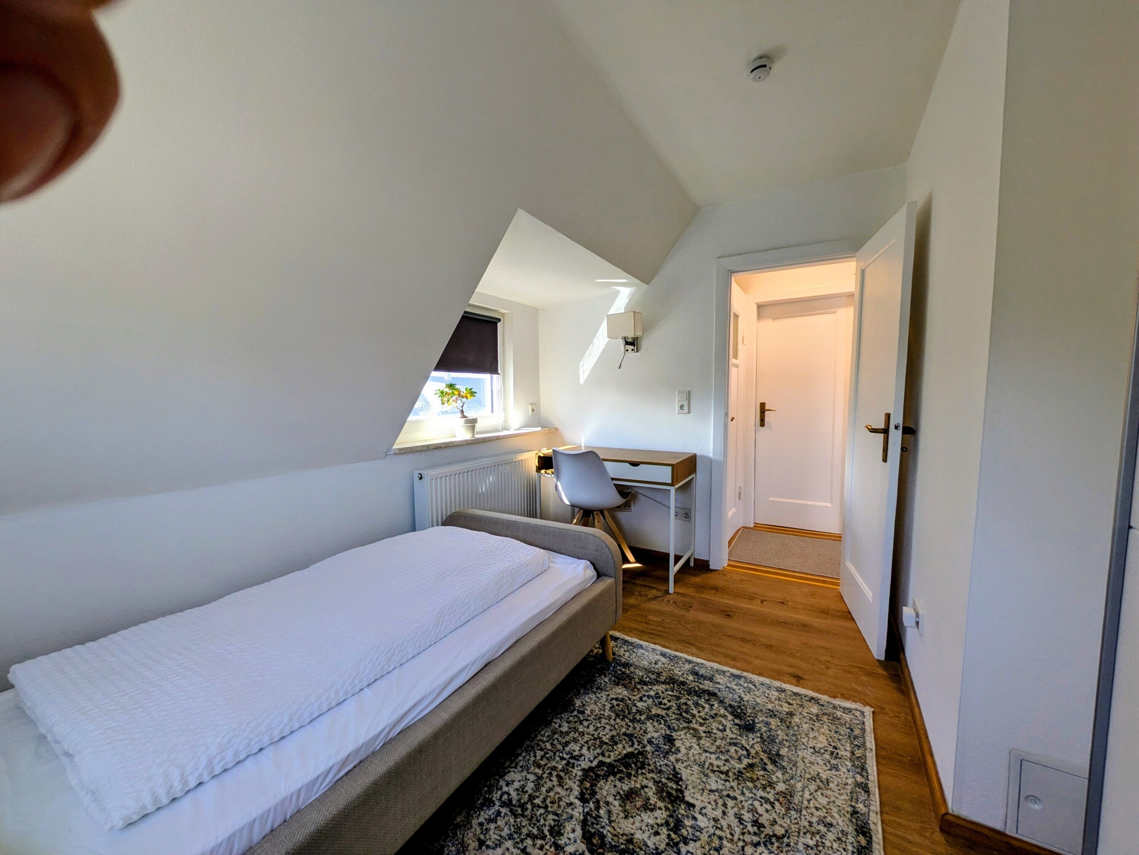 A bedroom with a bed, a desk, a radiator, a window with a plant, and a door.