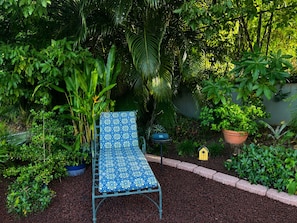 A garden with a metal bench, surrounded by various plants and a small birdhouse.