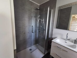 Shower, hair dryer, soap, toilet paper