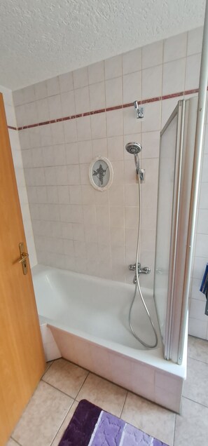 Chuveiro, secador de cabelo, toalhas de banho 