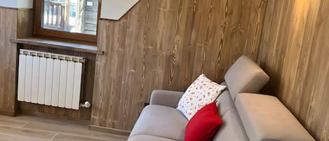 Ein Zimmer mit einer Holzwand, einem Fenster, einem Heizkörper und einem grauen Sofa mit rotem Kissen.