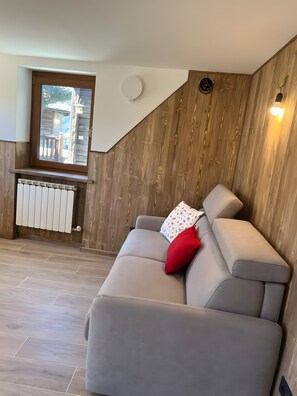 A room with a wooden wall, a window, a radiator, and a grey sofa with a red pillow. - Apartment 'L’angolo del paradiso Gimillan' with Mountain View and Private Garden (Gimillan)
