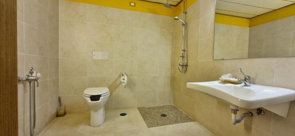 A bathroom with a toilet, shower, and sink.