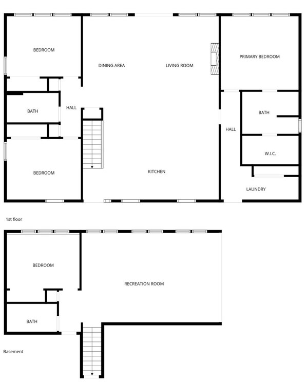 A 1st floor layout with a bedroom, bathroom, hall, dining area, living room, kitchen, and laundry. - Walk to Sister Bay! Fireplace, Ping Pong & Patio (Sister Bay)